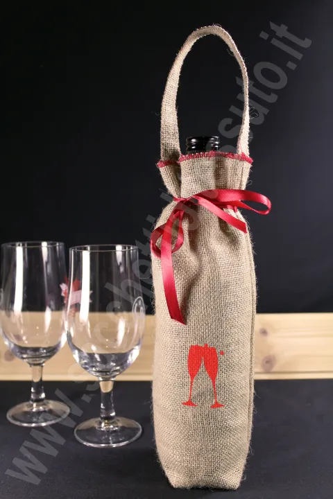 Porta bottiglia in juta naturale per Natale con maniglia in juta da asporto e nastrino rosso