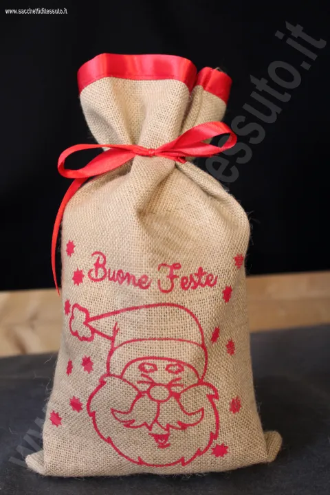 sacchetto in juta per Natale bordato con raso rosso e stampa rossa natalizia 