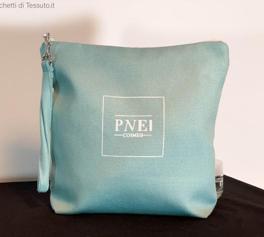 trousse porta trucchi in cotone canvads color tiffany e fodera interna in chiffon impermeabile