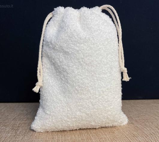 Sacchetto in tessuto bouclé bianco con chiusura 2 corde cotone naturale 