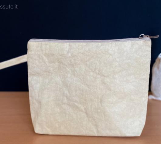 Pochette in stoffa effetto carta con zip lampo e maniglia