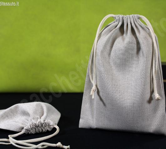 Sacchetto in lino grigio con chiusura 2 corde per cosmetici, accessori moda e prodotti alimentari