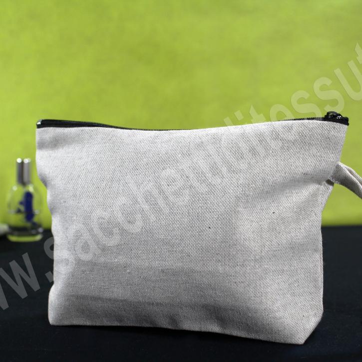 Pochette in cotone grigio melange con zip lampo e maniglia 