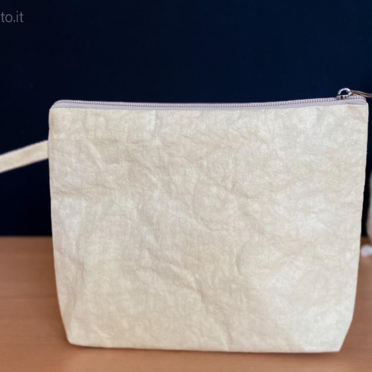 Pochette in stoffa effetto carta con zip lampo e maniglia