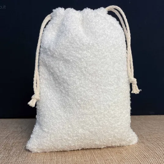 Sacchetto in tessuto bouclé bianco con chiusura 2 corde cotone naturale 