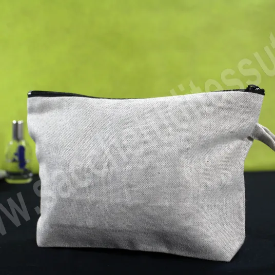 Pochette in cotone grigio melange con zip lampo  e maniglia 