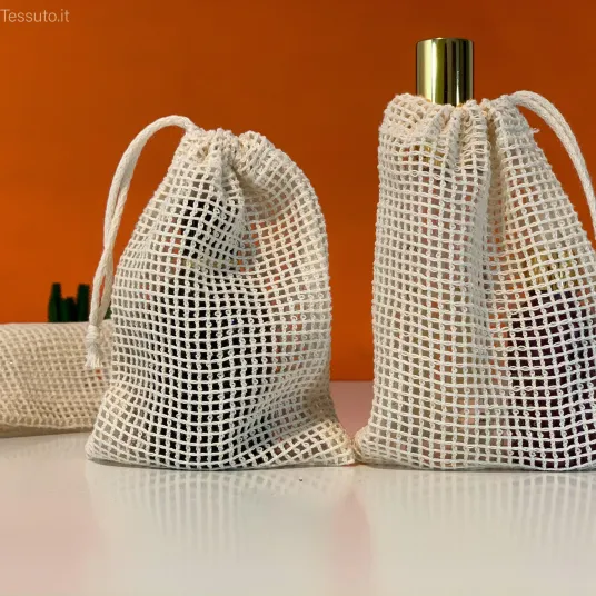 sacchetto in rete di cotone naturale certificato Oeko-tex  per cosmetici e saponi