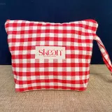 Cotton pocket square with red and white checks, personalized with front logo label