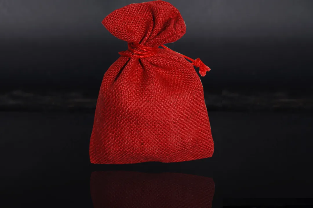 Red jute (burlap) bag, Christmas-themed