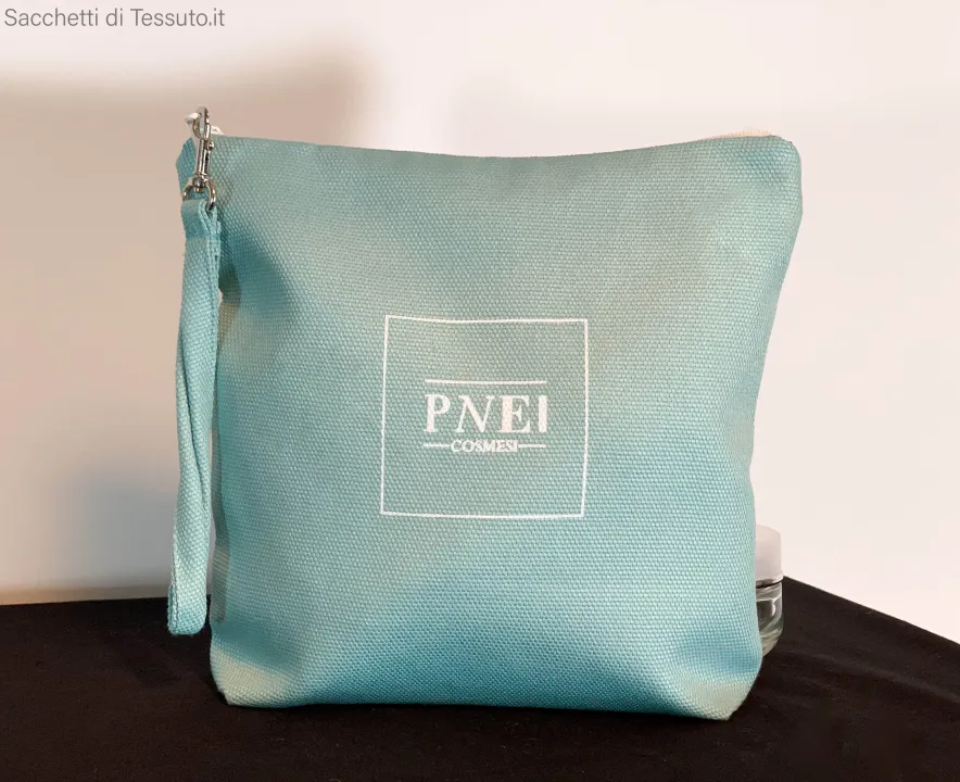 makeup bag in Tiffany color cotton canvas with an internal lining in waterproof chiffon