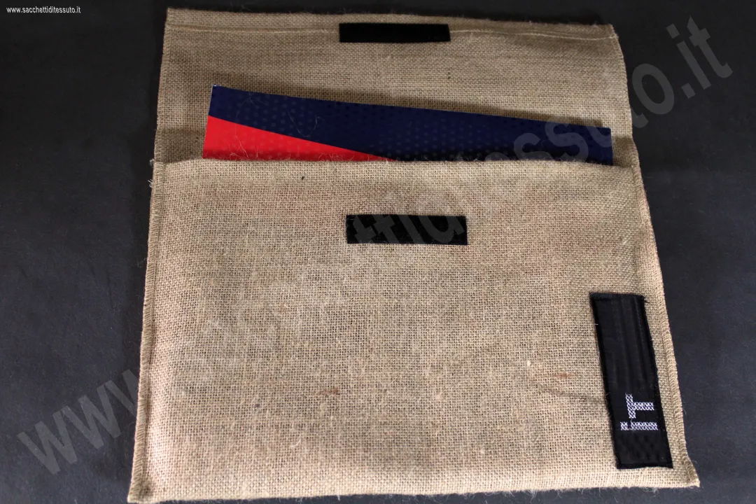 Jute envelope cover with open front flap, for documents and company catalogs