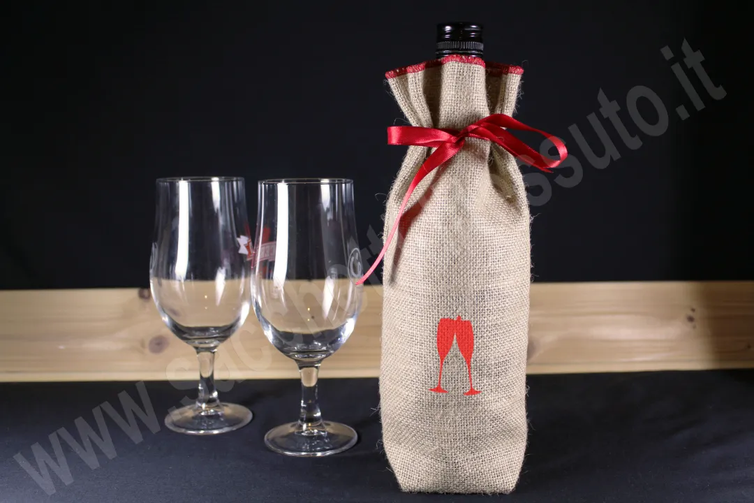Jute bottle holder for Christmas with red ribbon closure