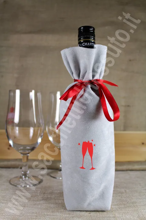 Porte-bouteille en velours simili alcantara avec ruban rouge en satin
