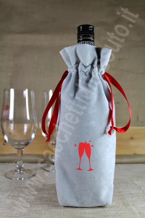 Bottle holder in velvet similar to Alcantara with closure with 2 red satin ribbons