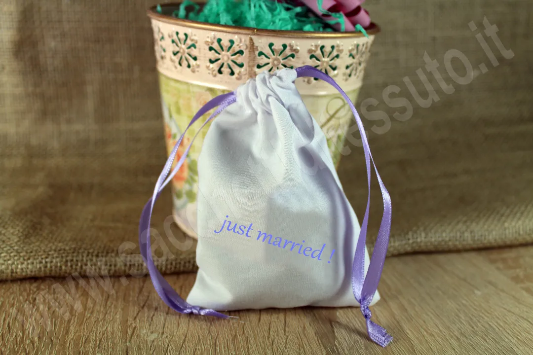 Petit sac en coton blanc pour mariage, fermeture à cordon avec 2 rubans en satin