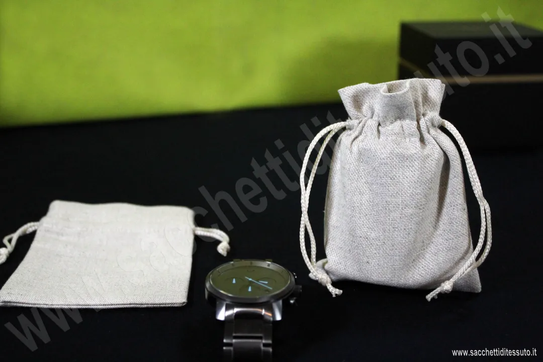Sacchetto en coton gris mélangé avec fermeture en forme de bonbon, pour petits objets de mode, cosmétiques et produits bio vegan
