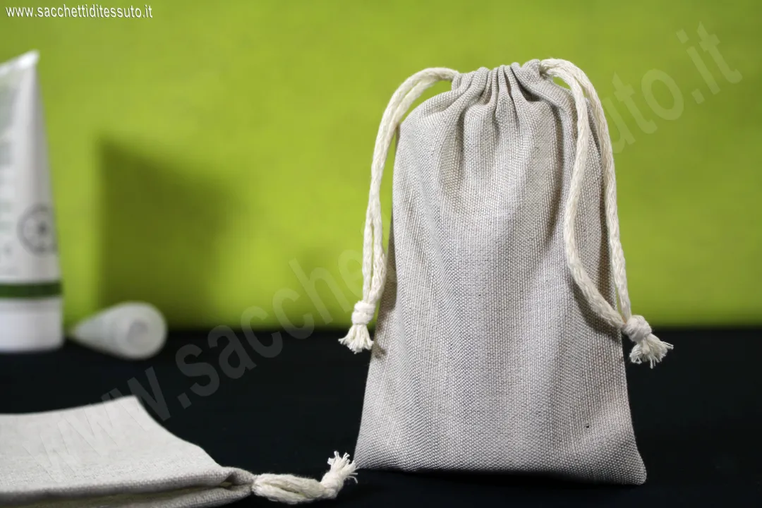 Sacchetto en coton gris chiné avec fermeture à cordon 2 cordes en coton pour cosmétiques, accessoires de mode de luxe