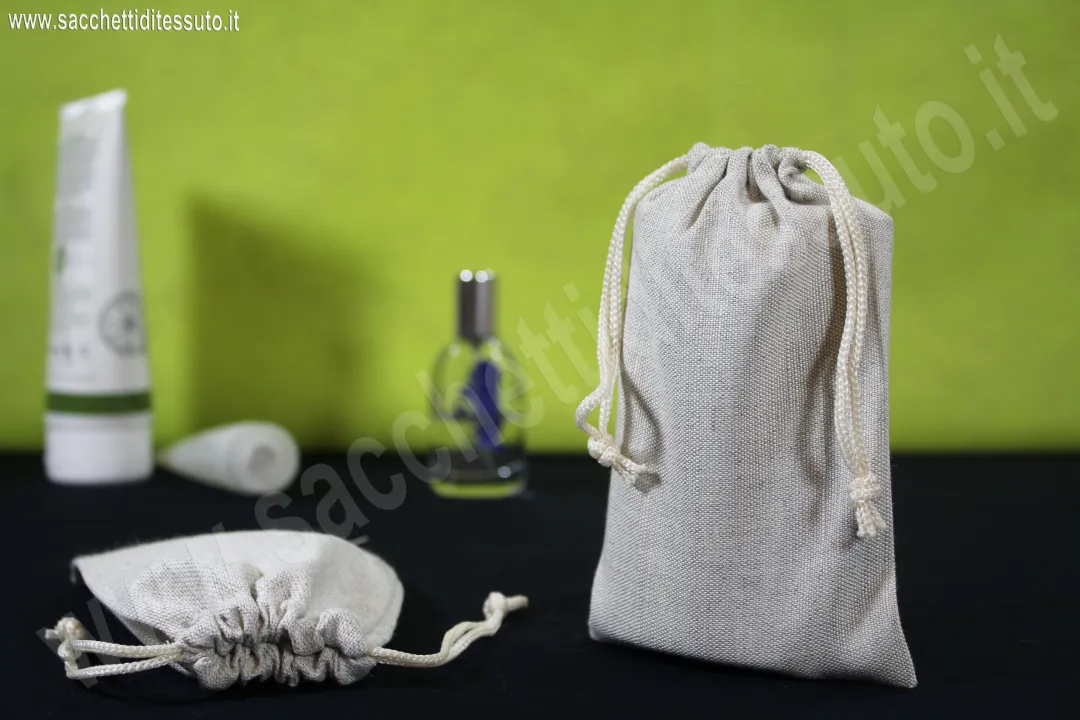 Gray melange cotton pouch with standard 2-string drawstring closure for cosmetics, luxury fashion accessories