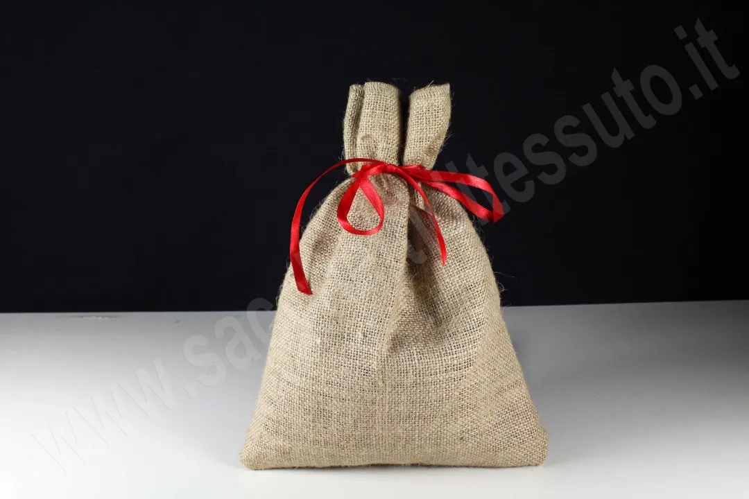 Jute bag with candy-style closure and satin ribbon