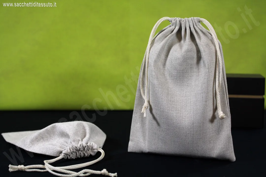 Sacchetto en lin gris avec fermeture à 2 cordons pour cosmétiques, accessoires de mode et produits alimentaires