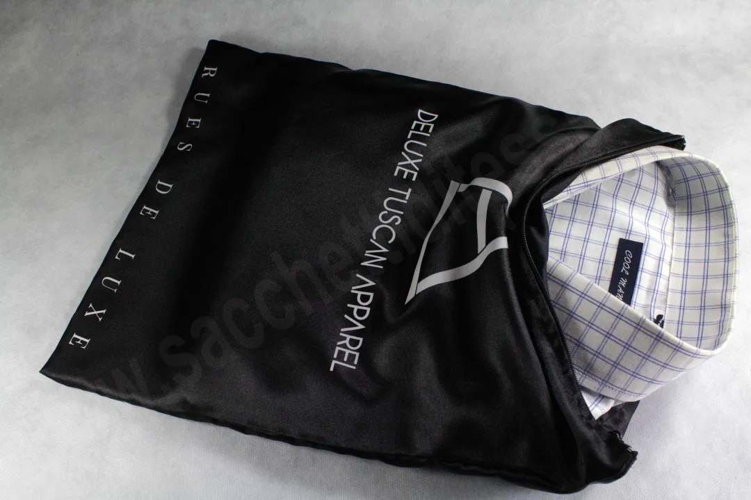 Cover in satin shirt carrier with printed satin and zipper closure