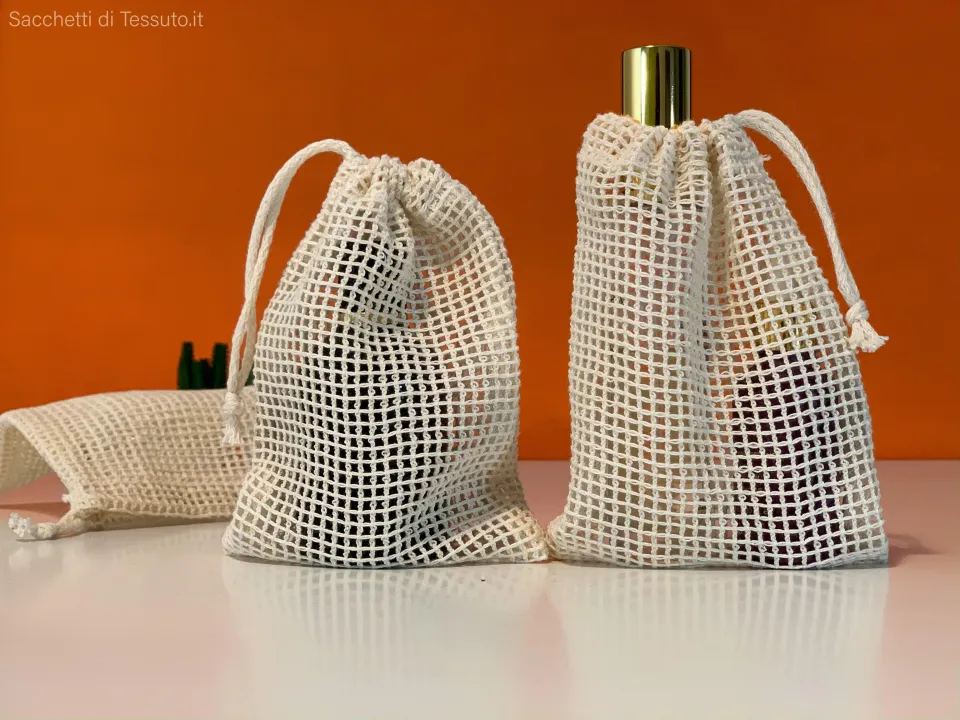 sacchetto in rete di cotone naturale certificato Oeko-tex  per cosmetici e saponi