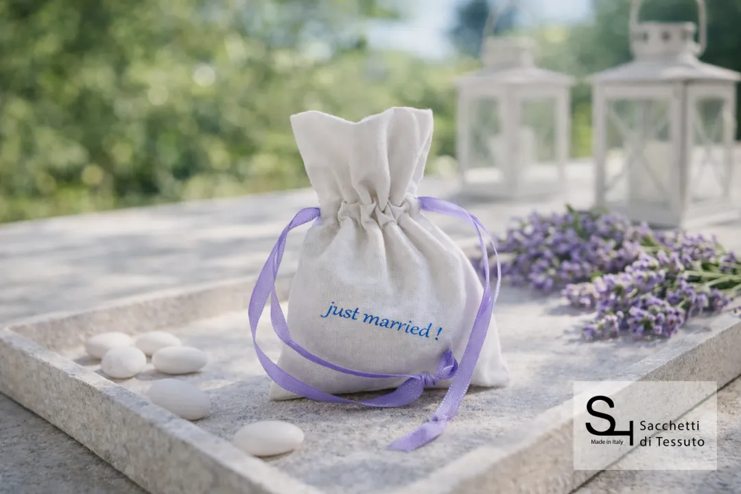 White cotton fabric bag for wedding confetti