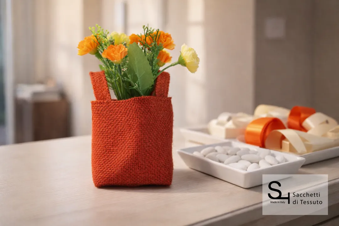 Pochon pour pot de fleurs en jute rouge pour cadeau d'invité