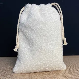 Sacchetto in tessuto bouclé bianco con chiusura 2 corde cotone naturale 