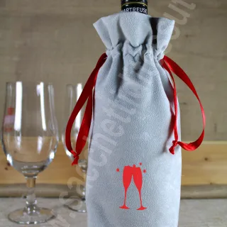 Porta bottiglia in  in velluto simil alcantara chiusura con 2 nastrini in raso rosso